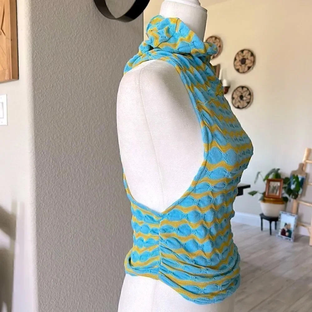 NWOT Free People Mock Neck Sleeveless Wavy Stripes Blue Mustard Tank Racer Back